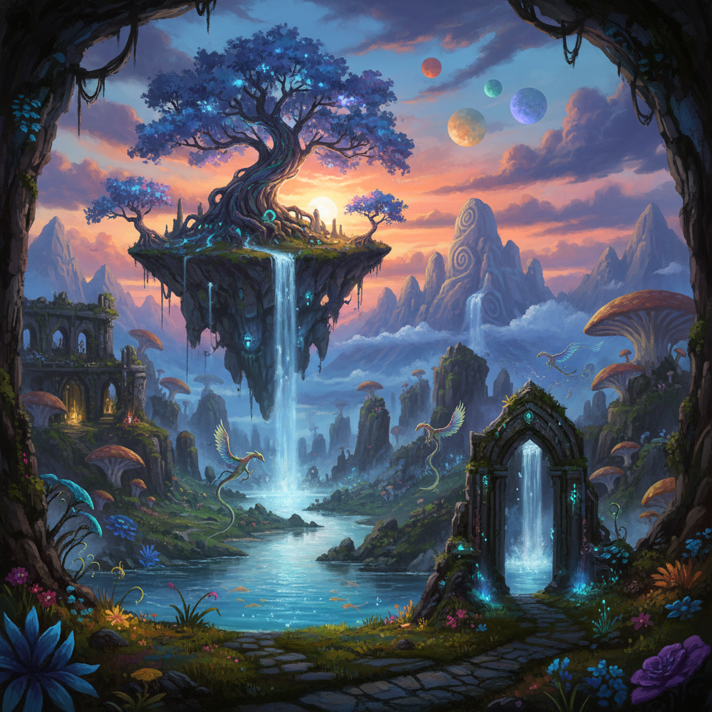 Fantasy landscape with mystical mountains and glowing sky created with best AI image generator